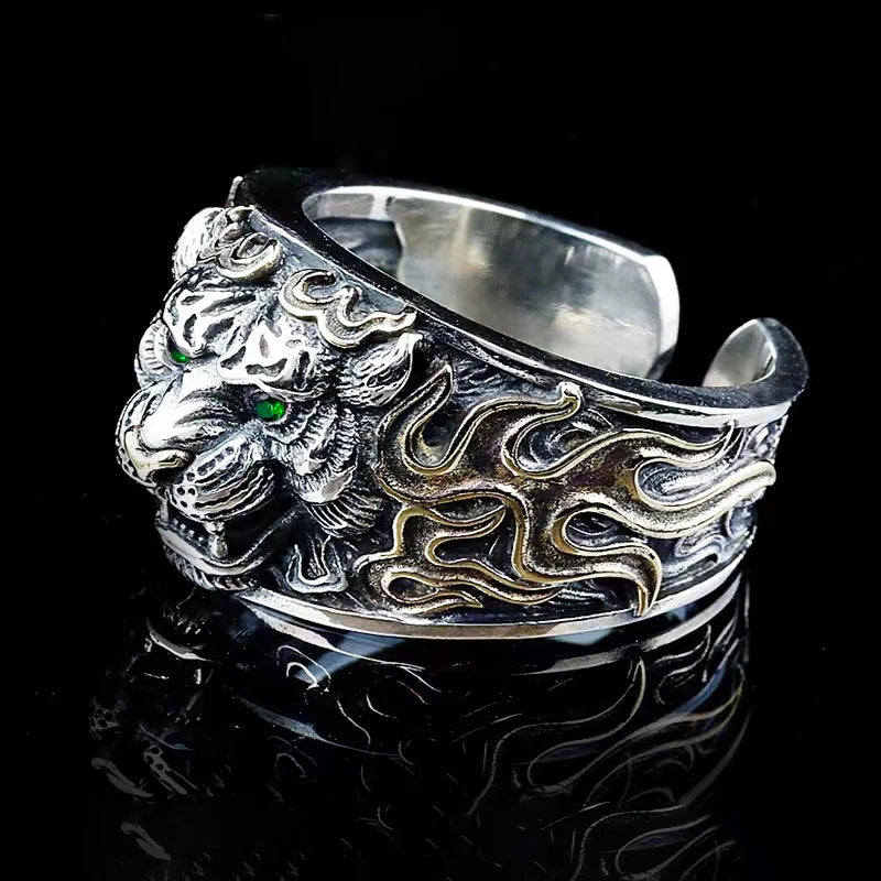 Domineering Green-Eyed Tiger Head Flame Pattern Open Ring – Men's Punk Hip-Hop Rock Trend Jewelry, Anniversary Gift