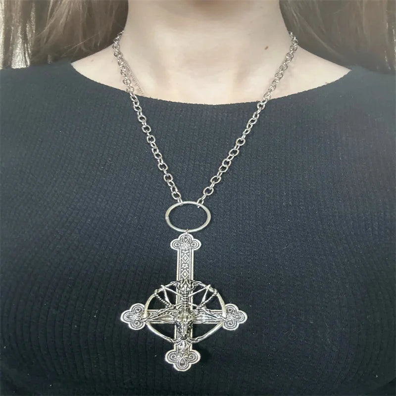 Baphomet Cross Necklace Inverted Upside Down Pendant Necklace Vintage Gothic Satanic Pagan Wiccan Druid Occult Jewelry