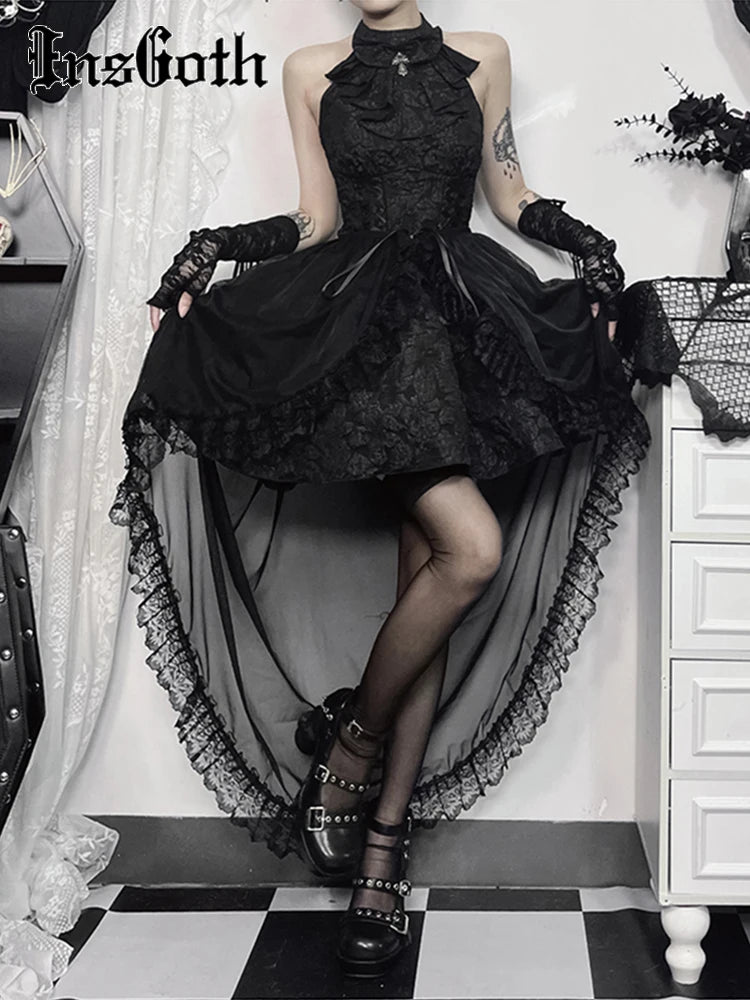 InsGoth Mesh Lace Trailing Decorative Skirt Women’s Emo Goth Punk Halter Victorian Dress