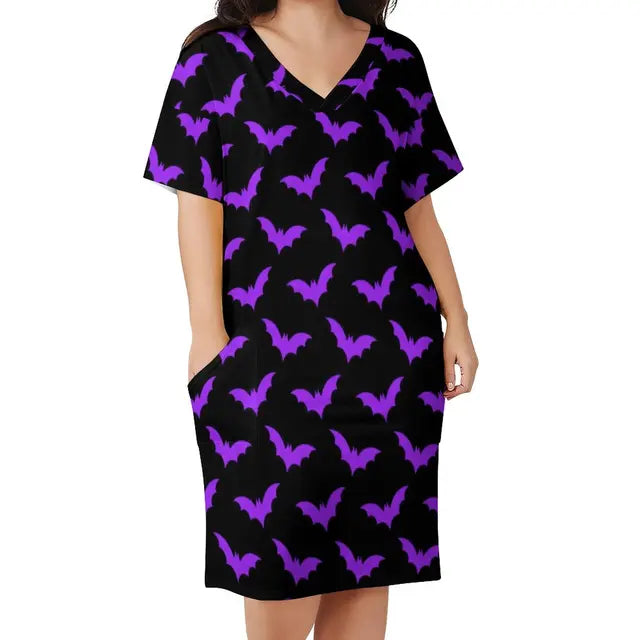 Goth Bat Dress Plus Size Cute Skull Print Korean Fashion Casual Dress Female Spring V Neck Stylish Dresses Gift Idea