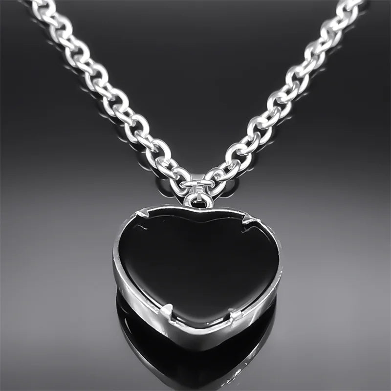 Goth Double Dragon Heart Necklace – Black Stone, Stainless Steel, Y2K Star Girl Design, Men & Women Halloween Jewelry Gift