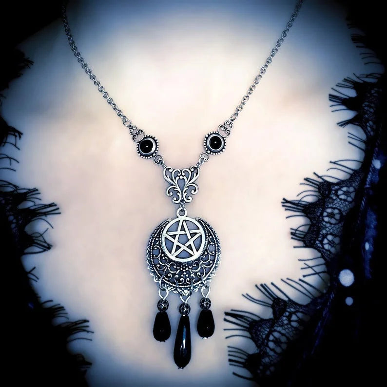 Black Onyx Pentagram Necklace – Gothic Wiccan Pagan Jewelry, Pentacle Pendant