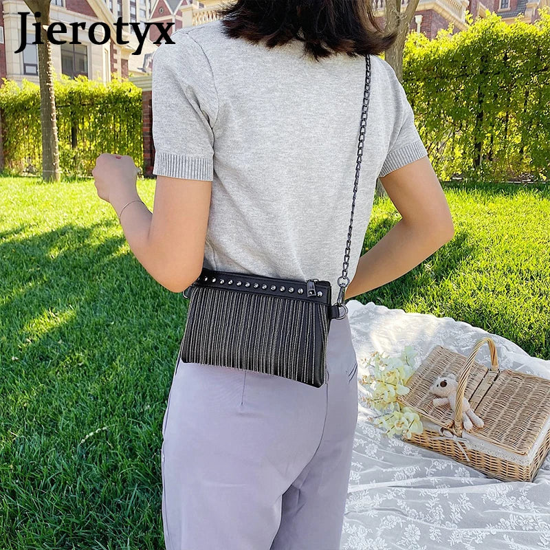 JIEROTYX Women's Crossbody Bags – Small Tassel Rivet Shoulder Bag with Chain Strap, Black & White Handbag