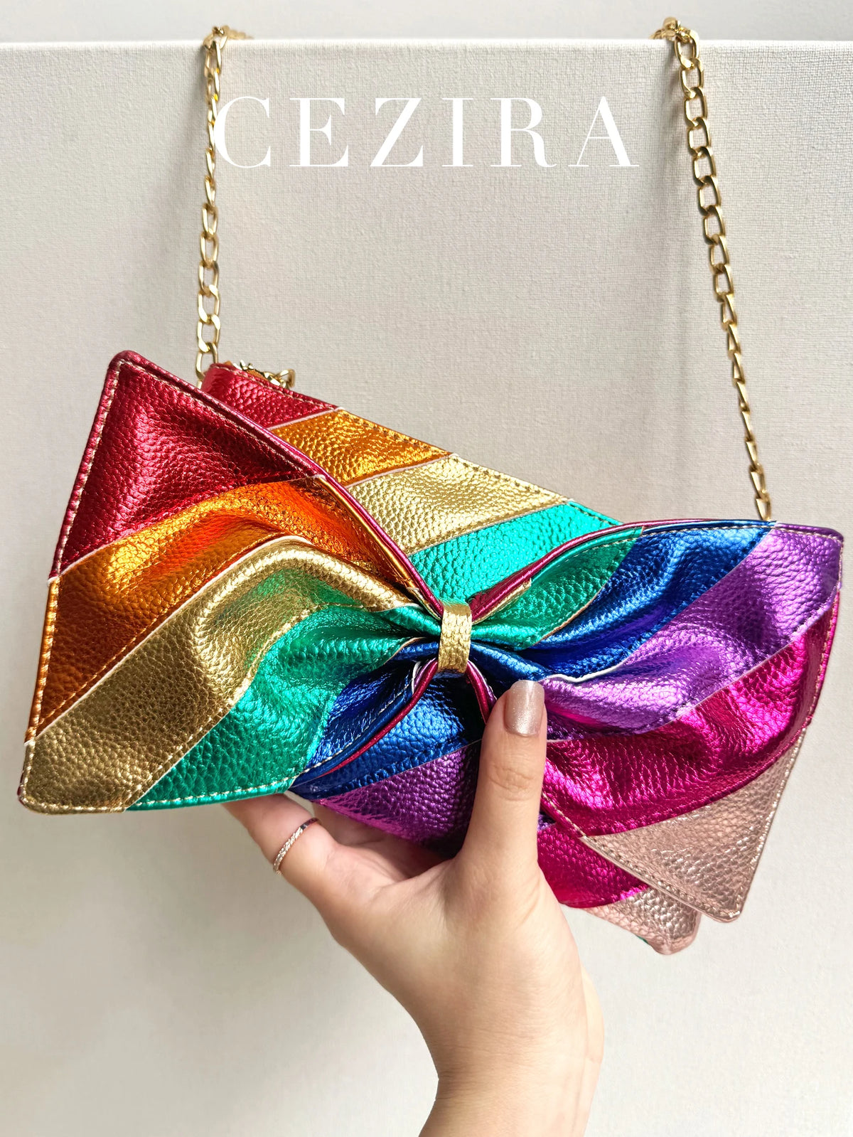 Luxury Metallic Vegan Leather Handbag - Colorful Stripes Patchwork PU Bow Knot Clutch with Chain, Funky Y2K Style