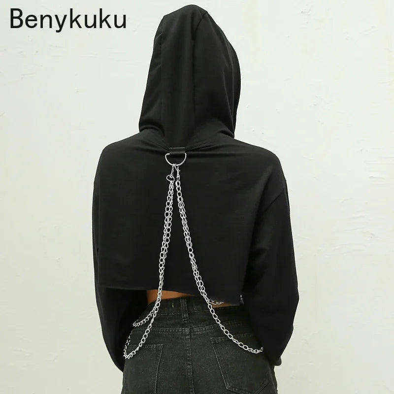 Black Cropped Hooded Sweatshirt Women Loose Chain Patchwork Pullover Goth Hoodie Punk Streetwear Sweat Femme Hoodies Gothic Top