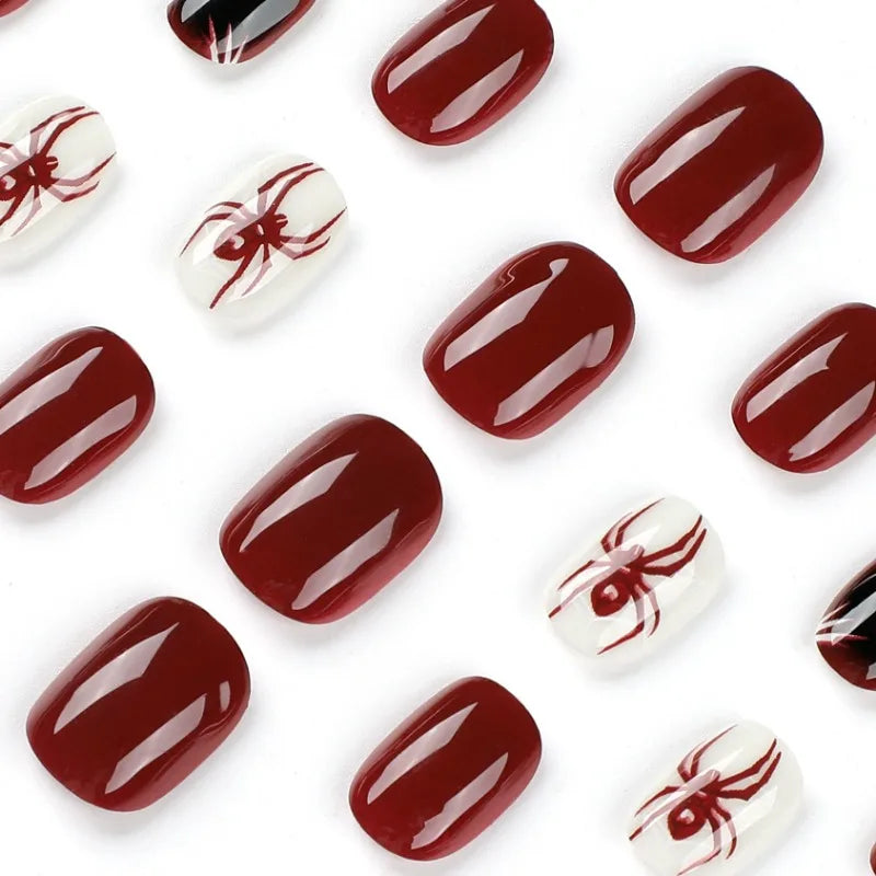 Red Black Spider Printed False Nails Halloween Nail Art Decor Press on Nails for Girl Gifts Short Round Cool Y2k Style Fake Nail