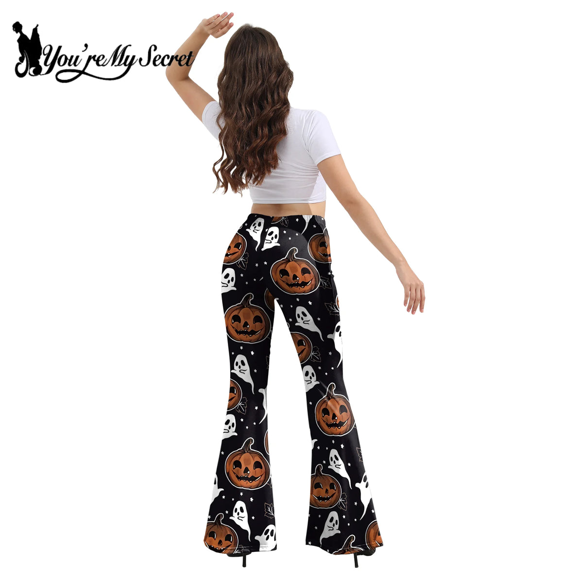 [You're My Secret] Women's Slim Pants Casual Bell Bottoms High Waist Flare Trousers Halloween Style Printed Trousers Female