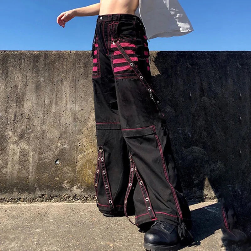 Yangelo Y2k Punk Wide Leg Grunge Black Pants Mall Gothic Harajuku Baggy High Waist Trousers Strap Patchwork Techwear Clothes