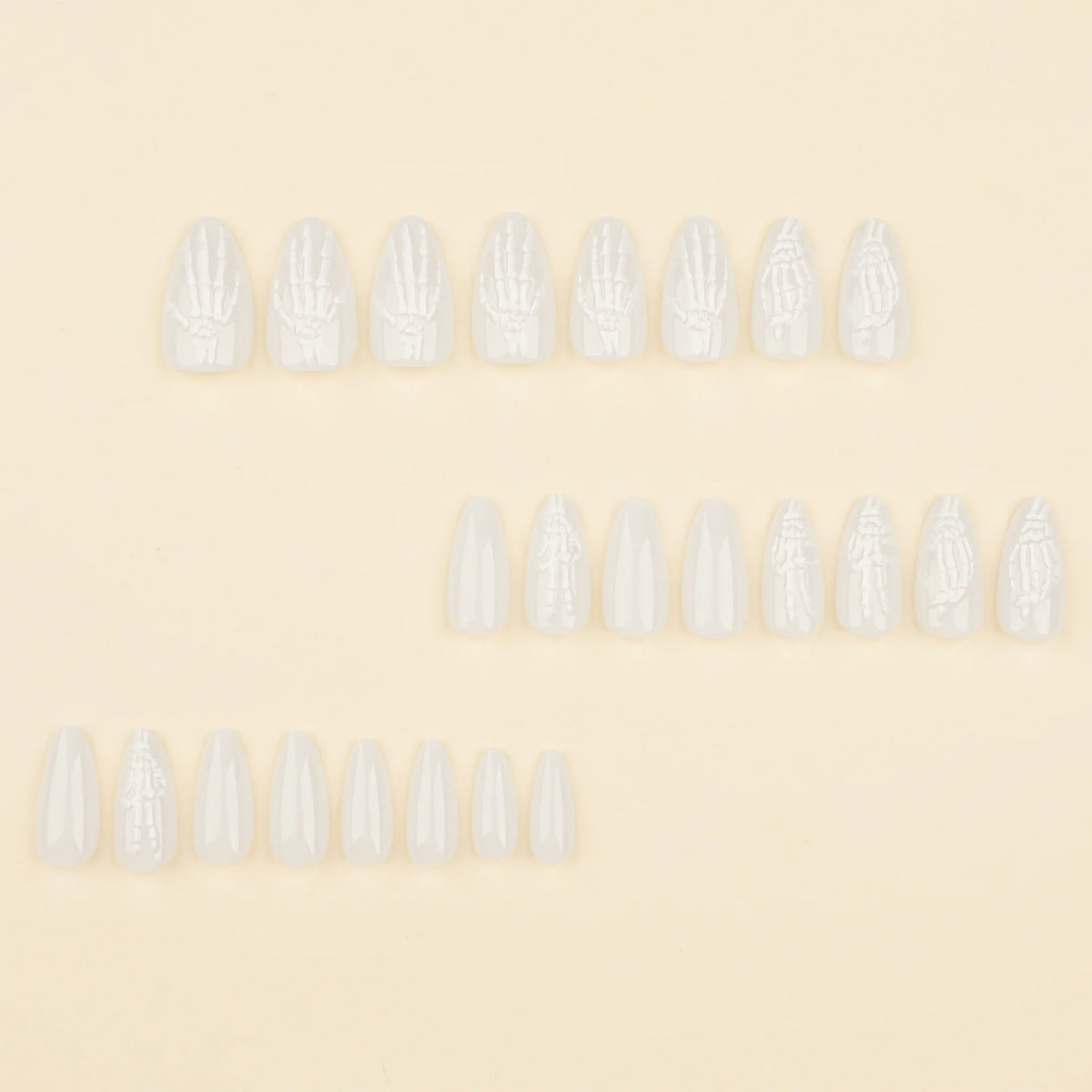 24pcs Skeleton Hand Press-On Nails – Simple White Almond Shape Full Cover Fake Nails for Halloween Manicure