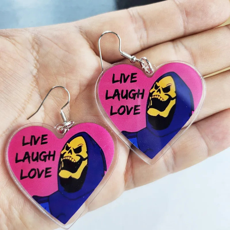 Skeltor He-Man Live Laugh Love Acrylic Earrings - Creative Stay Weird Jewelry, Personalized Charm for Women, Perfect Gift Idea