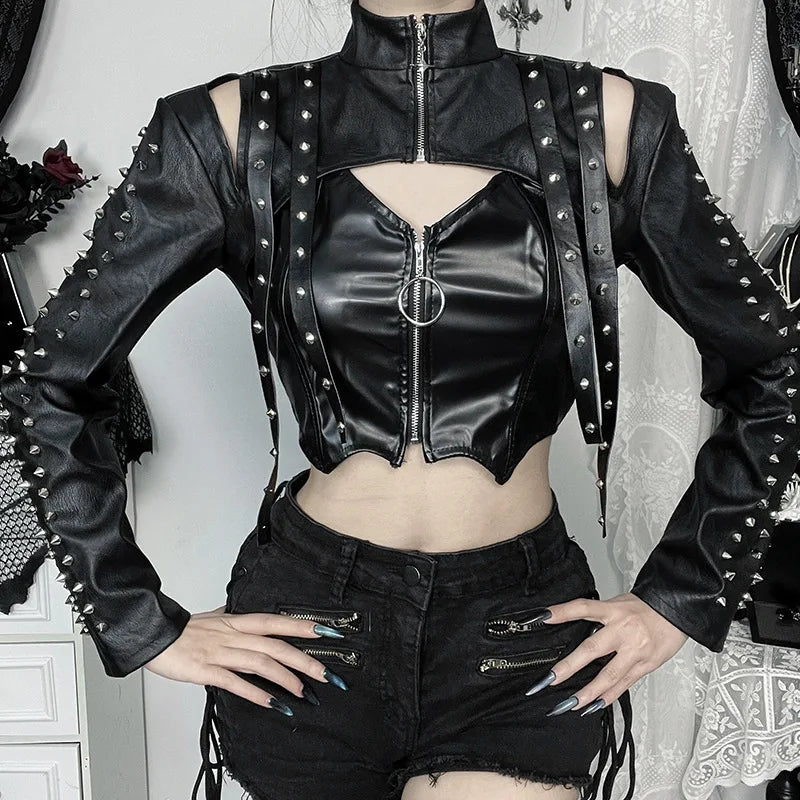 Goth Dark Faux PU Leather Long Sleeve Crop Shrug Top – Grunge Women Rivet Zip Coat, Chic Streetwear Jacket, Mall Goth Fashion