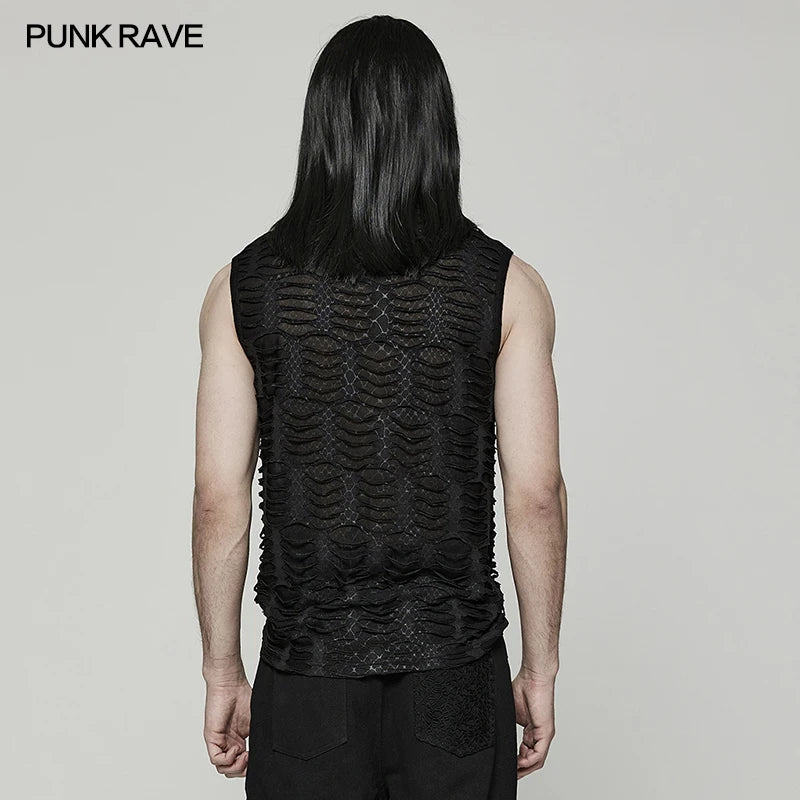 PUNK RAVE Men's Gothic Asymmetric Sharp Teeth Mesh Vest Punk Handsome Cool High Collar Simple Black Tank Tees Summer Tops