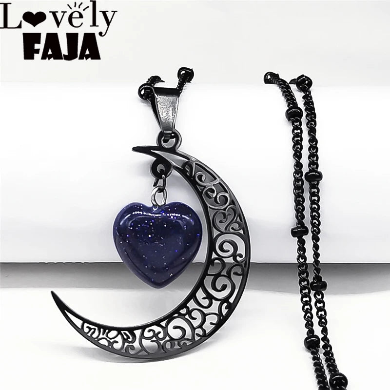 Black Stainless Steel Natural Stone Charm Necklace - Women's Moon Heart Jewelry