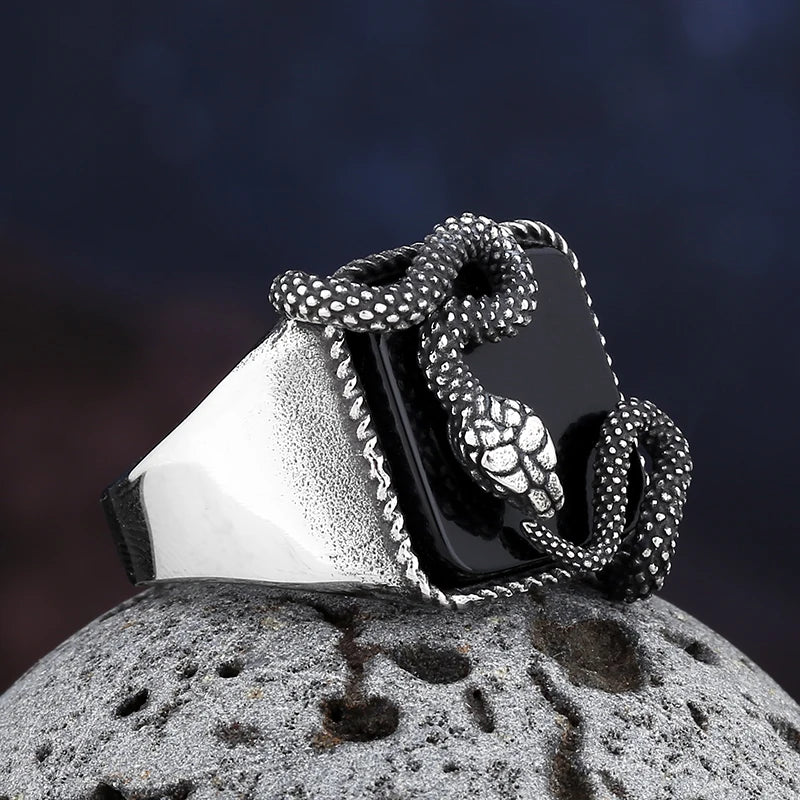 2024 Men’s Punk Rock Black Stone Ring – 3D Snake Gothic Style Stainless Steel Biker Jewelry