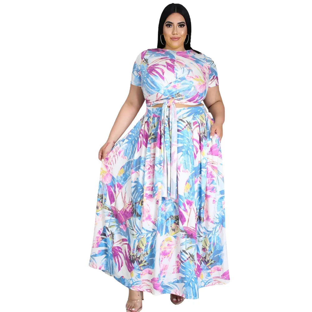 Plus Size Women's Clothing Two Piece Set - Casual Round Neck Short Sleeve Top and Elegant Summer Maxi Skirt