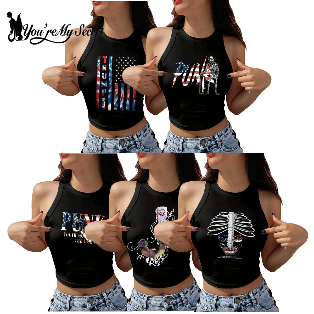 [You're My Secret] Halloween Women Crop Top Sexy Sleeveless Tank Tops Gothic Skull Print Knitted O-neck Hip Hop Vest Summer