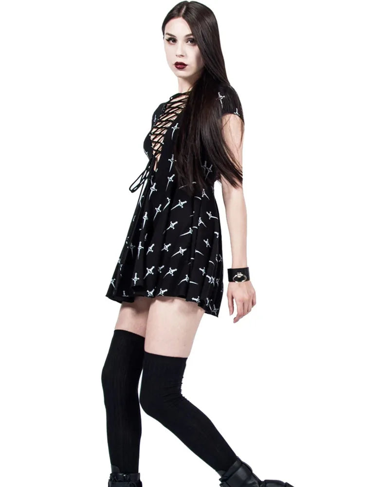 Yangelo Mall Gothic Cross Print Dress Elegant Aesthetic Lace-up Hollow Out Mini Dress Summer 2024 New Streetwear