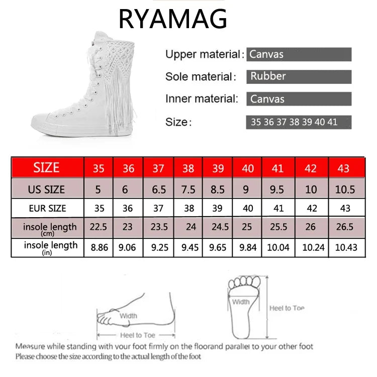 Ryamag New Women’s Short Beaded Tassel Canvas Boots - Embroidery Lace-Up Zipper Comfortable Vulcanized Sneakers