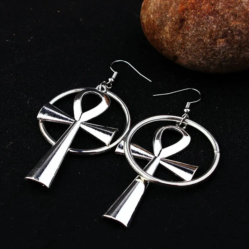 Vintage Ankh Cross In Circle Big Drop Silver Goth Pagan Style Earrings