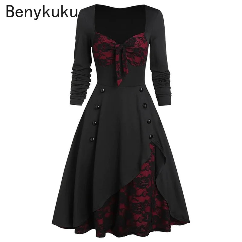 Plus Size Gothic Vintage Patchwork Lace Dress – Long Sleeve Bow Neck, Retro Button Dress for Spring & Autumn 2024