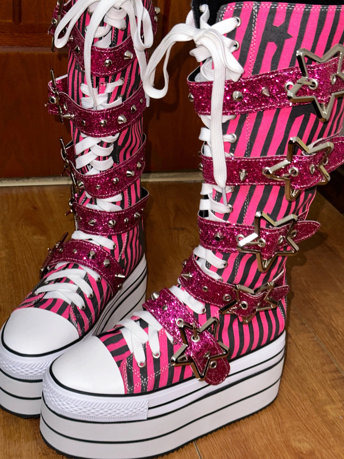 Women wasteland punk rose red Striped canvas Boots woman high wedges Heels pumps Lady Dress party customized shoes pentagram 50