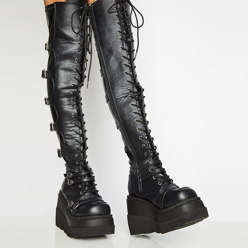 Punk Over-the-Knee Boots for Women – Platform Heels with Belt Buckle, Thigh-High Flat Motorcycle Goth Shoes