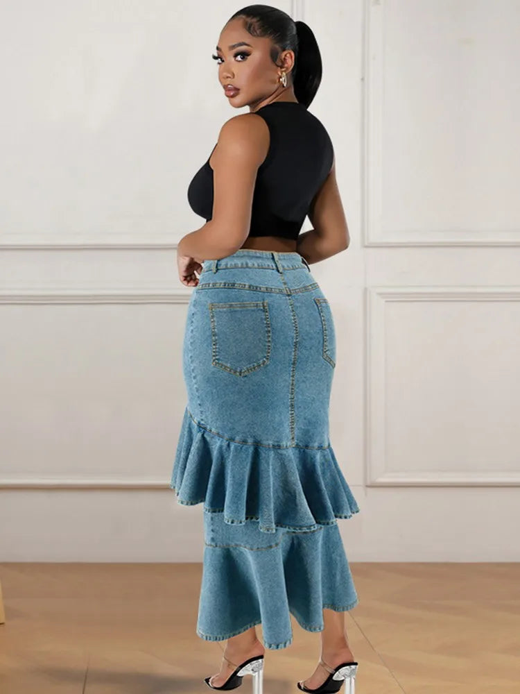 Summer New Plus Size Clothes High Waist Slit Denim Skirt For Women Washed Retro Pencil Skirt Hip-covering Straight Long Skirt