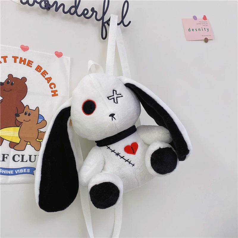 Kawaii Gothic Plush Rabbit Backpack - Cute Stuffed Animal Purse, Nightmare Before Christmas Aesthetic Bunny Doll Bag