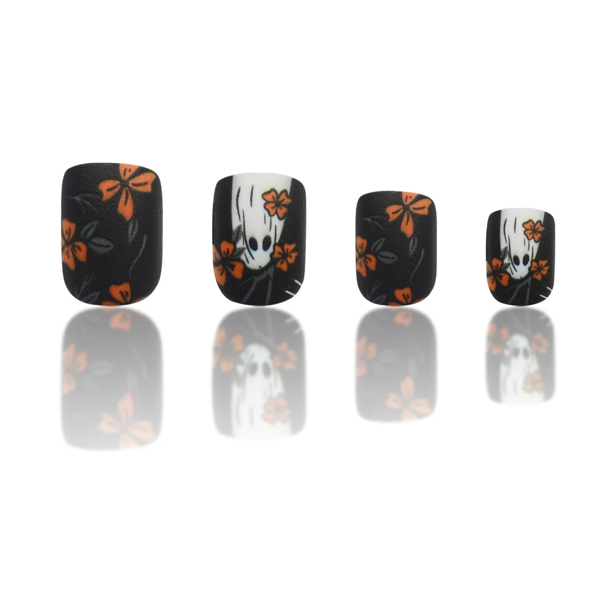 24pcs Short Square Matte Press-On Nails Set – Halloween Dark Forest Floral & Ghostly Elements Fake Nails Kit