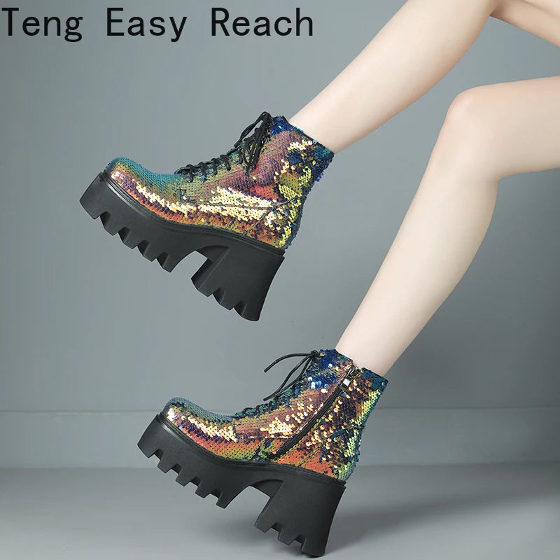 Women's Punk Platform Sequin Ankle Boots Fall/Winter Fashion Round Head Zipper Motorcycle Ankle Boots Sizes 33-43