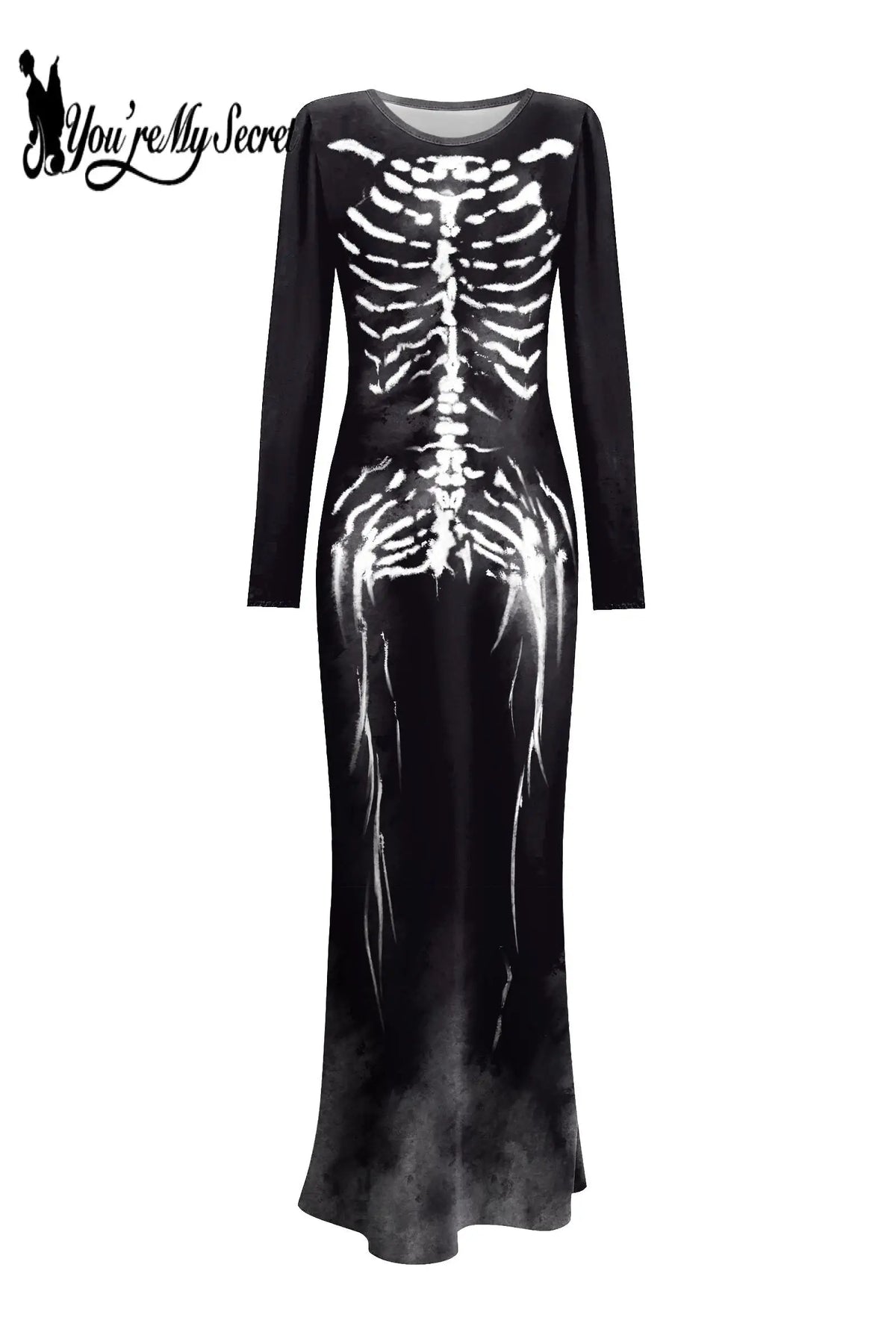 [You're My Secret] Retro Women Dress Punk Goth Costume Long Sleeved Dress Girl Adult Skeleton Printing Halloween Fancy Clothing