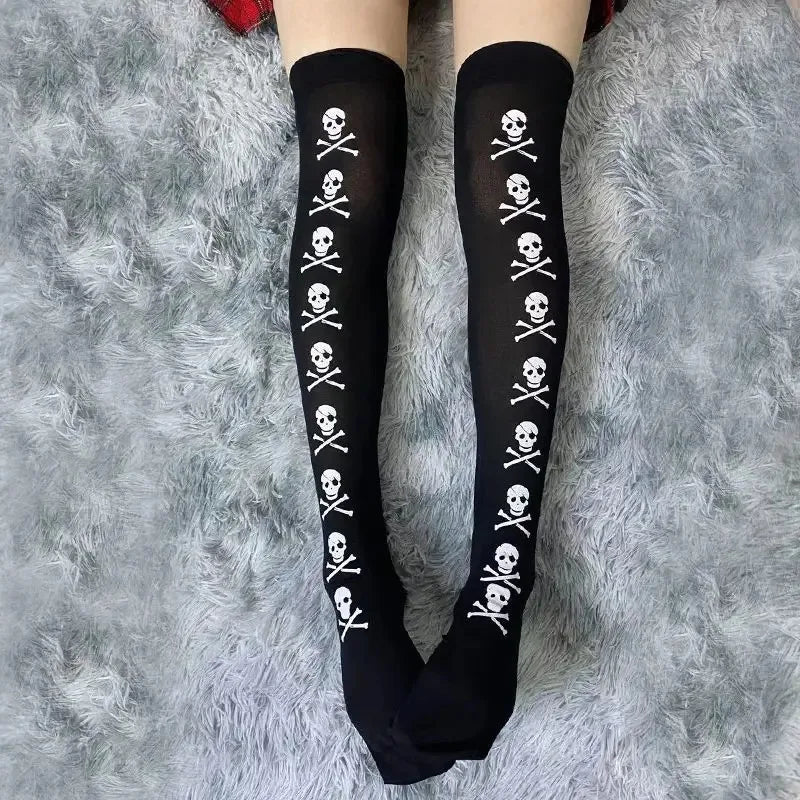 Skull Bat Gothic Dark Thigh High Stockings – Women’s Spider Harajuku Emo Alternative Tights, Sexy Lingerie Skin Hosiery