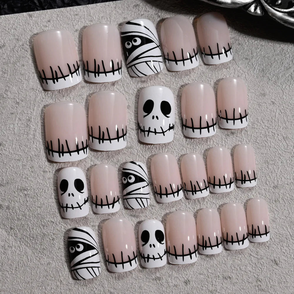 24Pcs Halloween Little Ghost Press-On Fake Nails – Creative French Design Short Square Acrylic Nails for Halloween