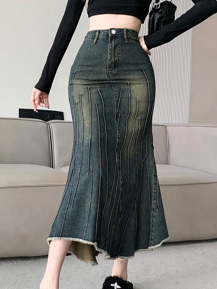 Vintage Ripped Mermaid Skirt – 2023 New Fashion Y2K Streetwear Jeans Skirt, Retro Casual Irregular Hip Denim Skirt for Women
