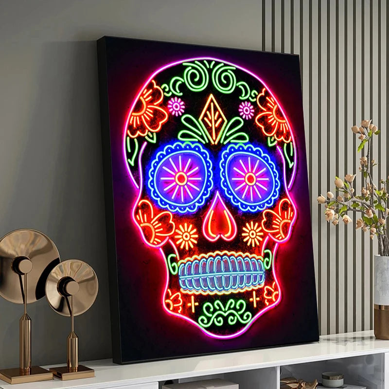 Neon Skull Canvas Painting - Colorful Modern Wall Art for Bar, Music Room, Restaurant, Home Decor