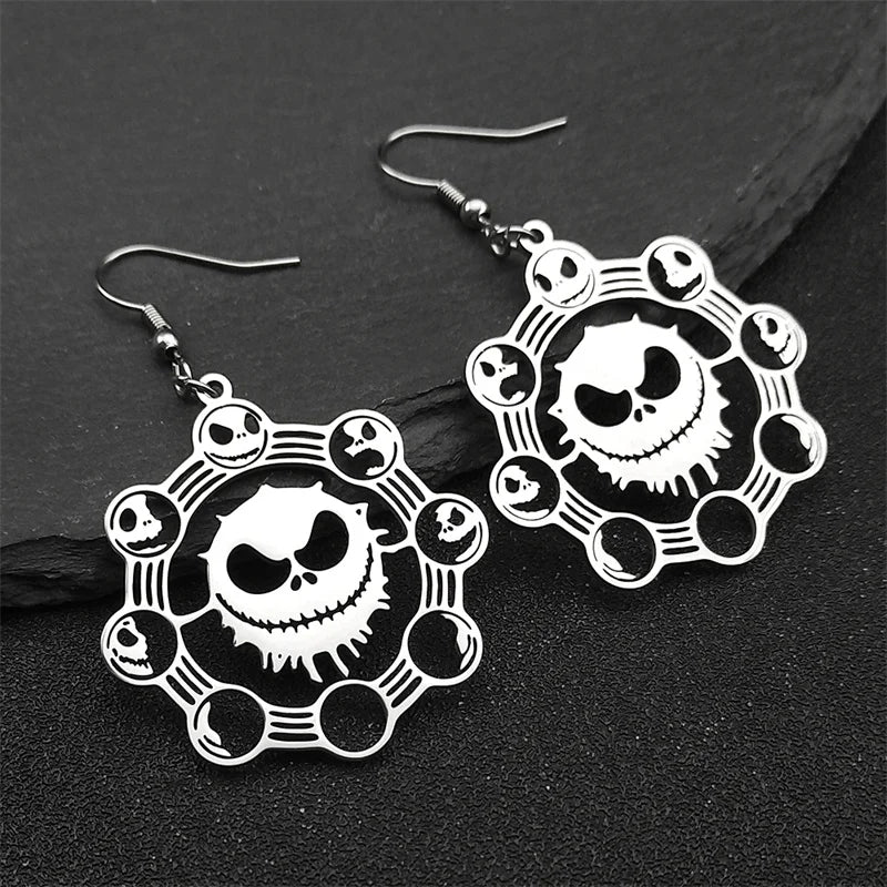 Gothic Stainless Steel Skull Moon Drop Earrings – Skeleton Dangle Earrings in Silver Color, Jewelry Gift for Women and Men