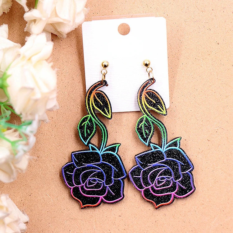 Unique Punk Rock Colorful Rose Flower Acrylic Earrings Sweet Hyperbole Love Bloom Earrings Jewelry for Women Girlfriend Gifts