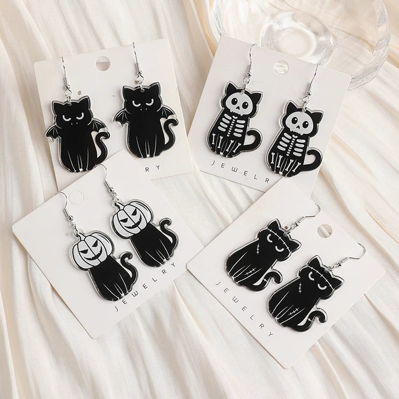 1Pair Fashion Halloween Creative Acrylic Skull Death Ghost Cat Dangle Earrings For Women Birthday Festival Gift Lovely Jewelry