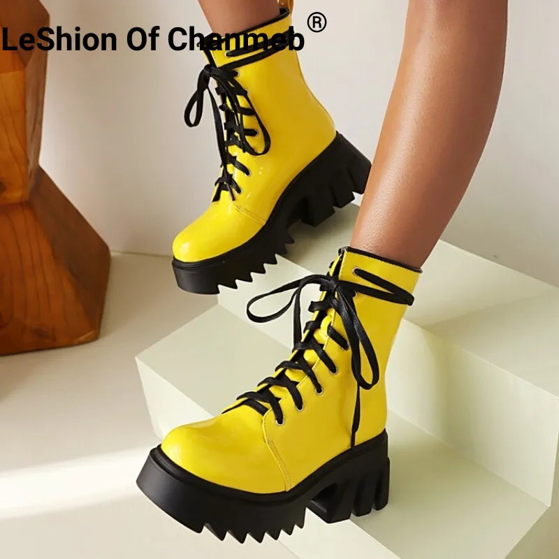 Women’s Patent Leather Boots - Bright Yellow Chunky High Heels, Gothic Platforms with Lace-up, Rose Red Accents