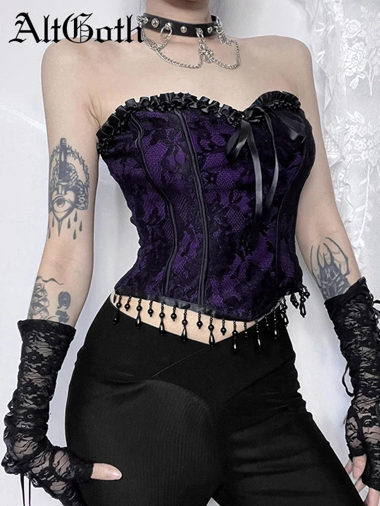 AltGoth Aesthetic Gothic Purple Vest – Vintage Cyber Punk Tassel Bandage Crop Tank Top, Y2K Indie Streetwear for Women