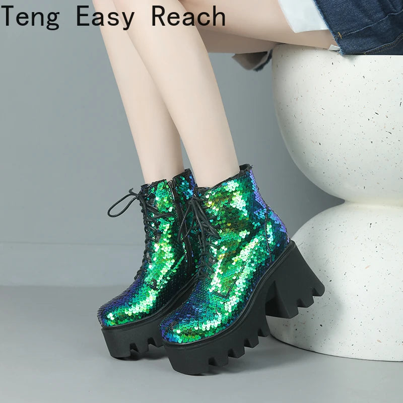 Women's Punk Platform Sequin Ankle Boots Fall/Winter Fashion Round Head Zipper Motorcycle Ankle Boots Sizes 33-43