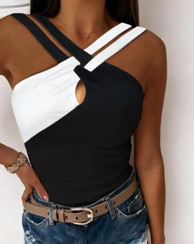 Fashion 2023 Casual Summer Sleeveless Colorblock Crisscross Halter Tank Top – Sexy Skinny Pullover T-Shirt for Women