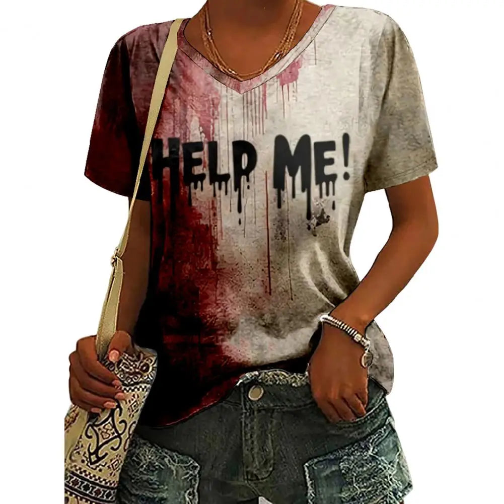 Halloween 'I'm Fine' Blood Letter Print V-Neck T-Shirt – Women's Long Sleeve Loose Festival Top