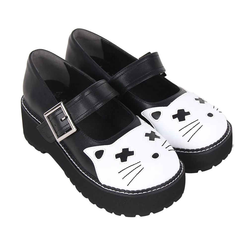 Women’s and Girls’ Lolita Punk Rock Style Mary Jane Shoes - Low Platform with White Kitty Cat Toe Accent and Buckle Detail