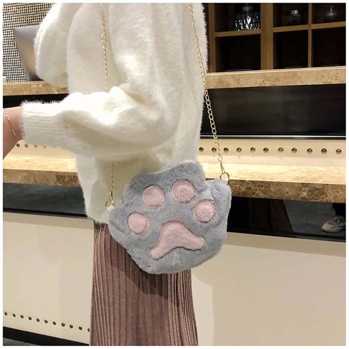 Cute Novelty Bear Paw Soft Plush Small Zipper Closure Crossbody Bag