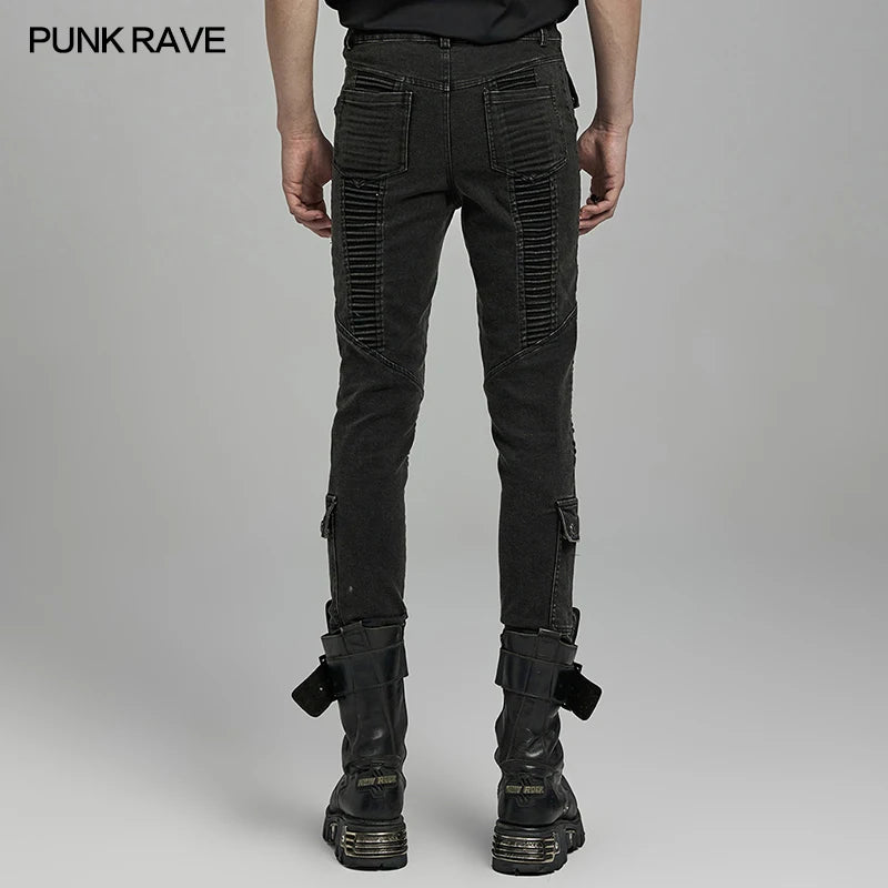 PUNK RAVE Men's Punk Slim Fit Three-dimensional Denim Pants Personalized Streetwear Cool Trousers Spring Autumn Men Clothing