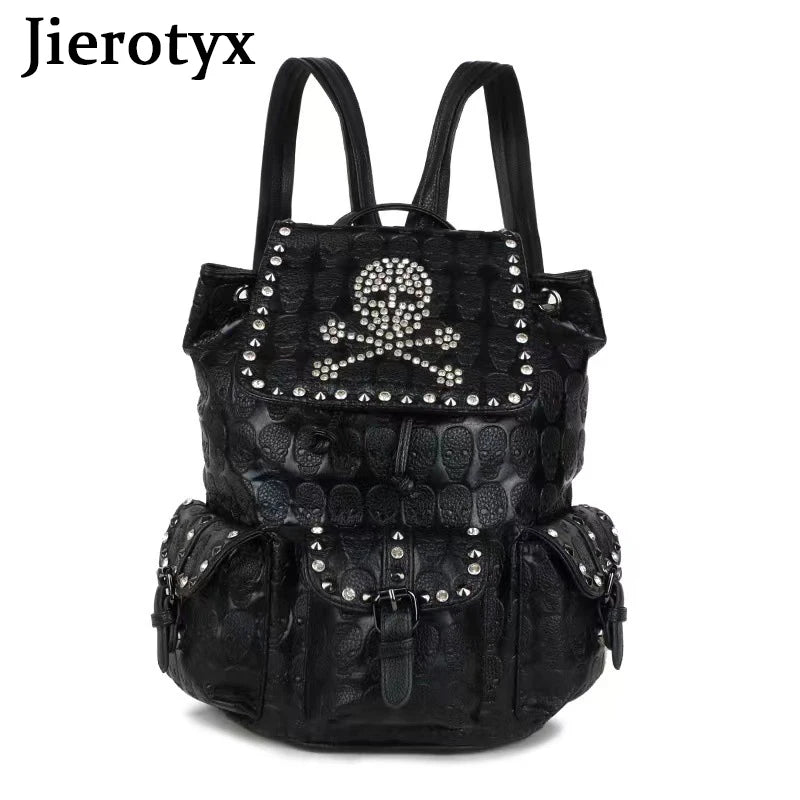 JIEROTYX Skull Backpack Women Gothic Rivet Studded Zipper Shoulder Purse Black Punk Metal 3D School Bags