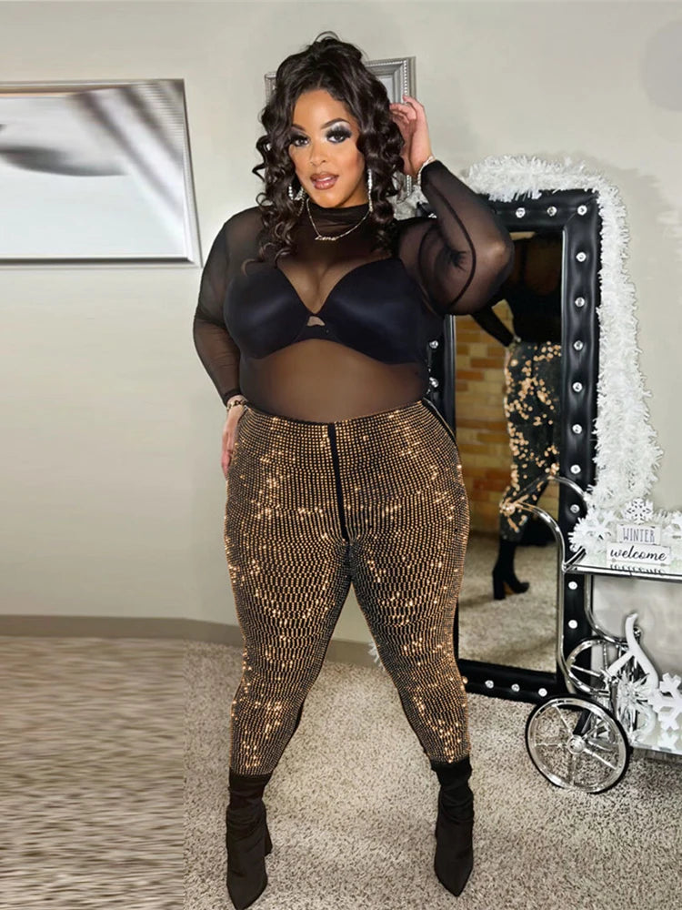 iDress Luxury High-Waist Leggings – Plus Size Glitter Rhinestone Sparkly Party & Club Trousers for Stage or Birthday