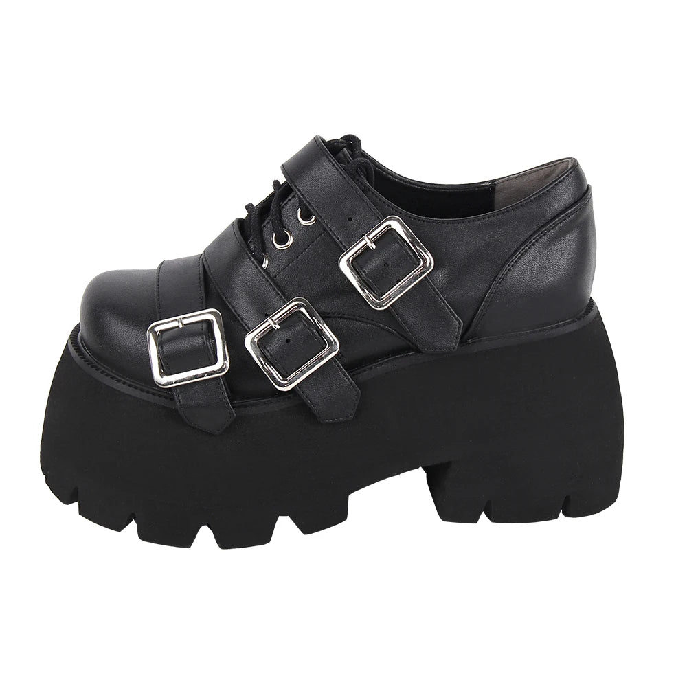 Women’s Lolita Dark Goth Punk Shoes - Chunky Platform Pumps with Laces and Buckles