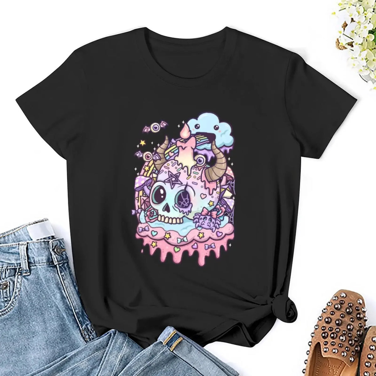 Pastel Goth Skull Kawaii T-Shirt | Plus Size Women’s Blouse | Spring 2024 Fashion